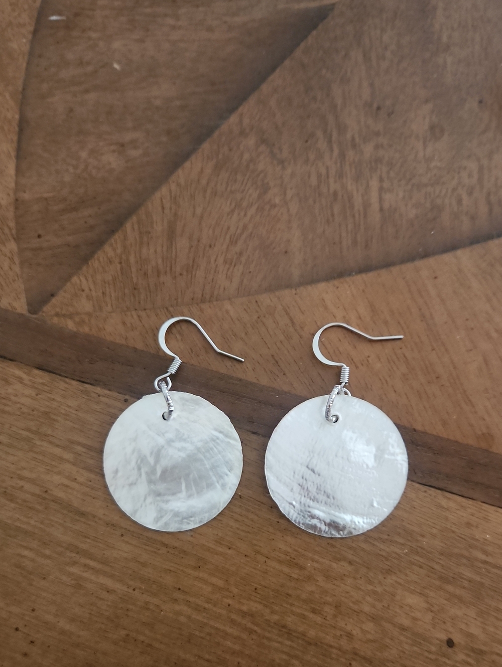 Silver Mother-of-Pearl Disc Drop Earrings.